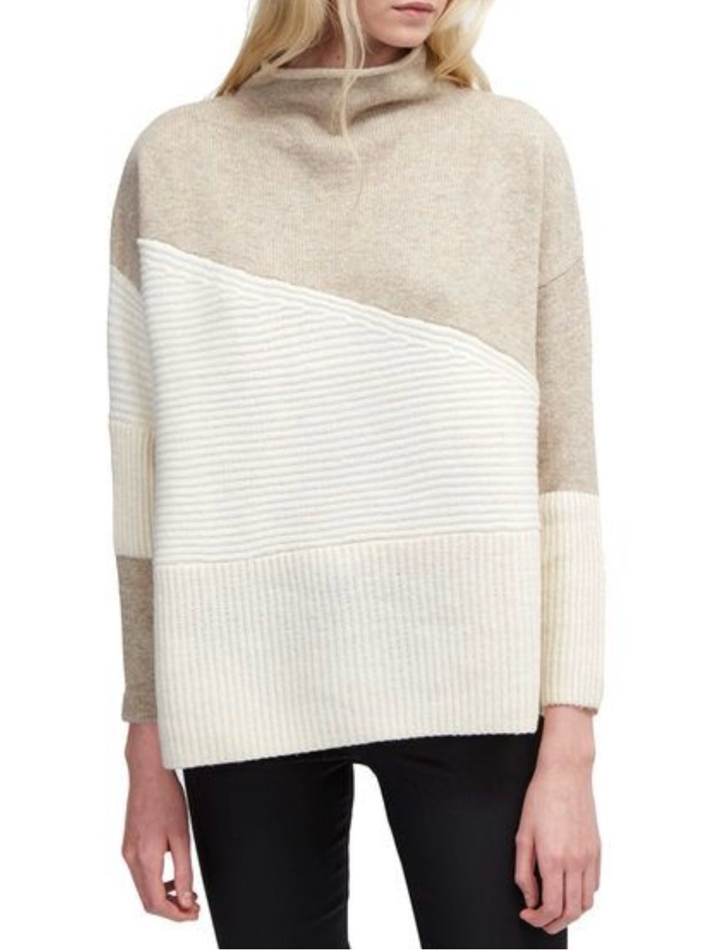 French Connection Sophia Patchwork Tonal Wool Mock Neck Sweater L